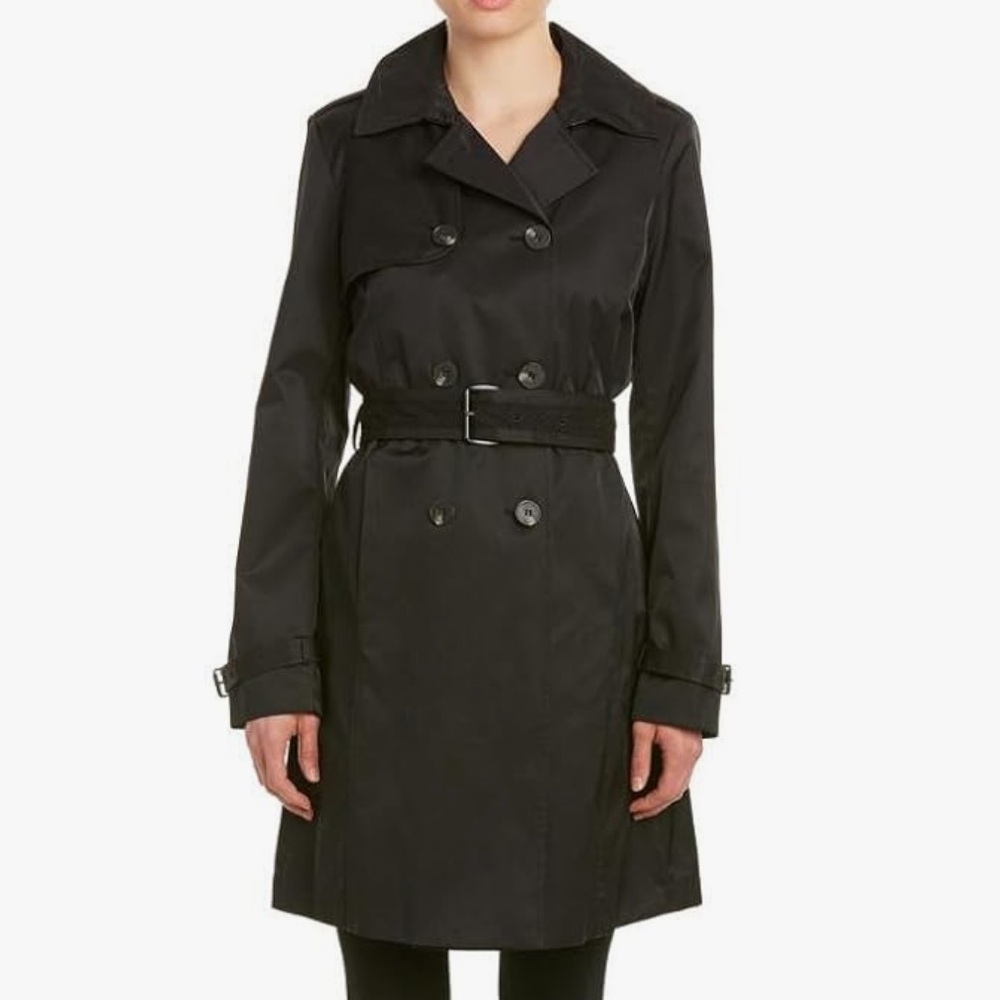 Classic Black Double Breasted Trench Coat with Lace Detail Belt - Size Medium